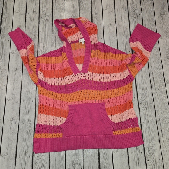 Free Assembly Sweaters - Free Assembly Striped Pink & Orange Crochet Hooded Sweater Womens Size XL
